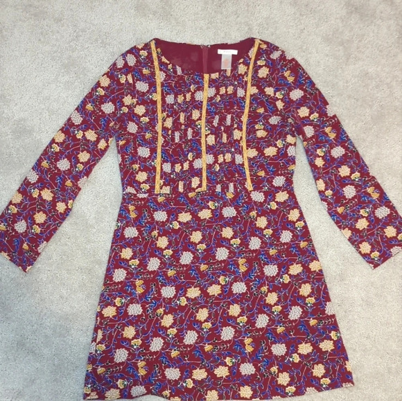 Esley Dresses & Skirts - Esley Long Sleeve Dress Burgundy Floral Peasant Style Large Yellow Trim Twee